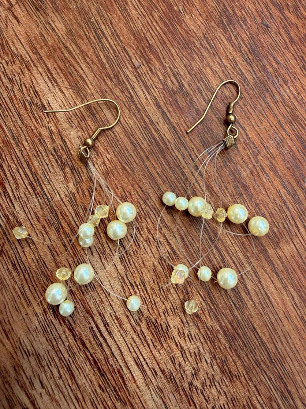 Vintage Style Handmade Yellow Faux Pearl Crystal Illusion Float Dangle Earrings